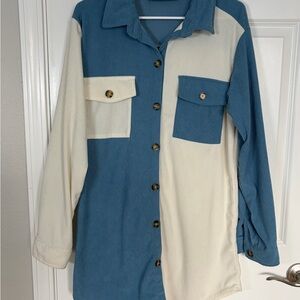 Women Blue and Cream Colorblock Button-Up Shirt